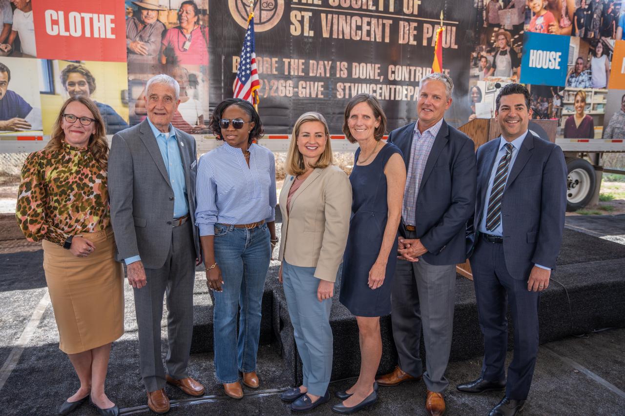 City, county, and state, officials gather with SVdP's Shannon Clancy to mark the momentous day, as their combined funding helps make the new building possible. 