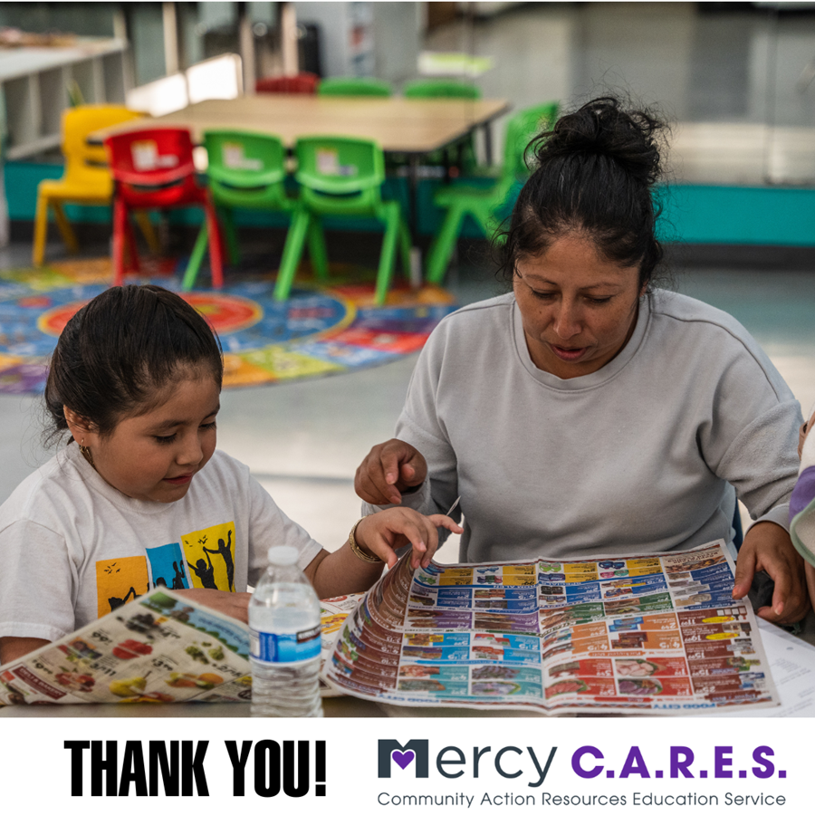 A graphic showing a mother and daughter going through coupons together, with, "Thank you Mercy C.A.R.E.S." written underneath. 